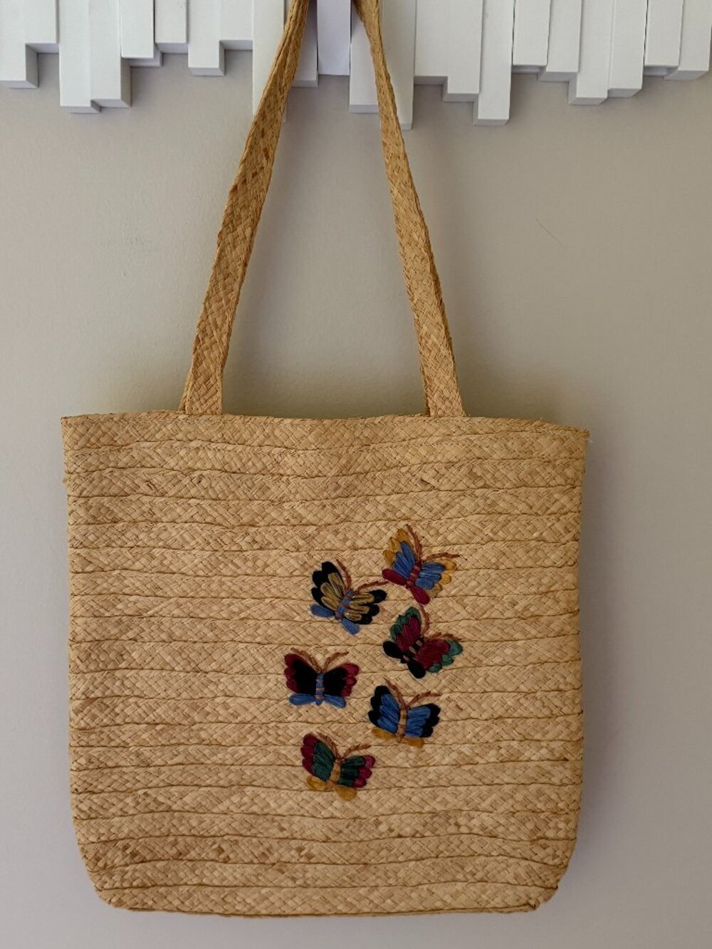 Vintage Small Straw Tote Bag Butterfly Cottagecore Boho Coastal Woven Purse